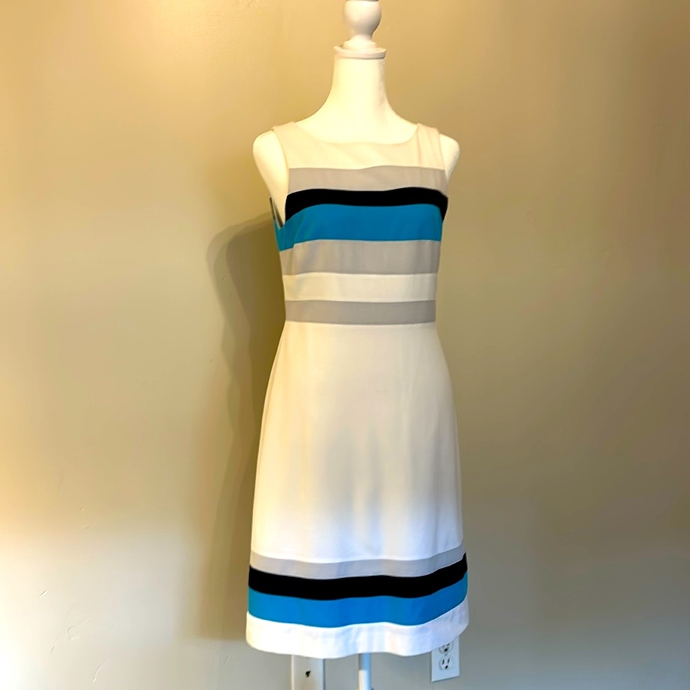 White House Black Market Sleeveless Colorblock Shaped Shift Dress 0 White Teal